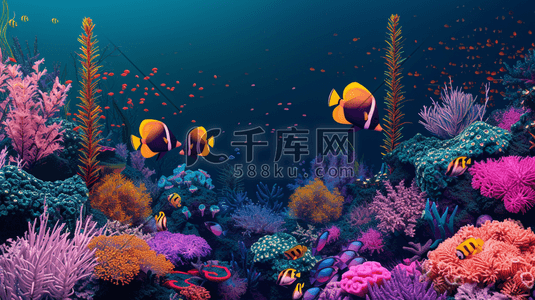 鱼缸插画图片_彩色水草观赏鱼鱼缸里游动的插画2