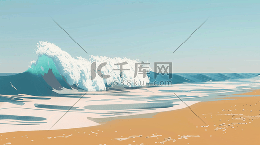 夏天蓝天大海沙滩海浪翻滚的插画5