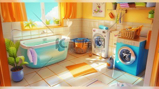 室内简约浴室洗衣房的插画3
