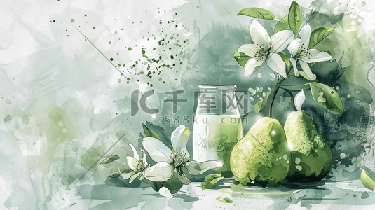 绿色简约清新艺术绘画梨子花朵的插画8