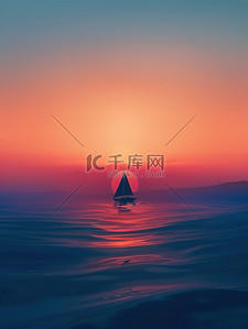 海洋孤独的帆船的剪影插画海报