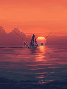 孤独剪影插画图片_海洋孤独的帆船的剪影插图