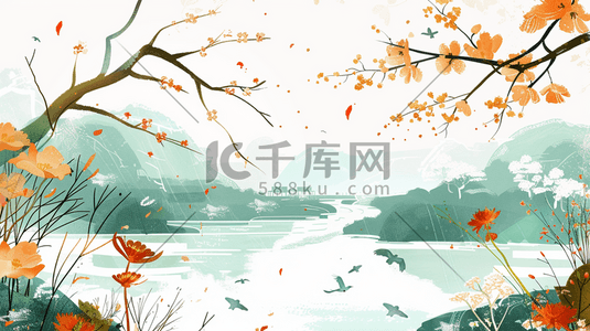 绿色海草插画图片_春天户外风景区河流树木的插画1
