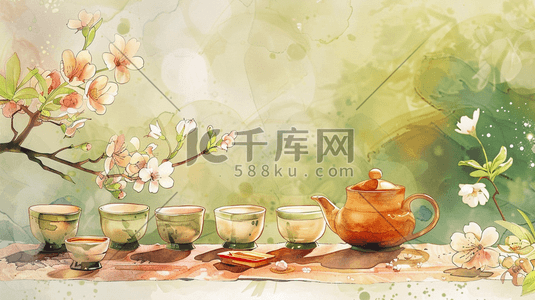 茶壶插画图片_简约绘画国画艺术风格梅花茶壶的插画31