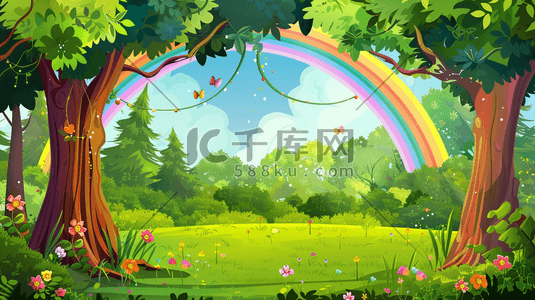 彩色手绘森林里树木风景如画的插画6