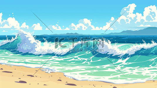 夏天蓝天大海沙滩海浪翻滚的插画2