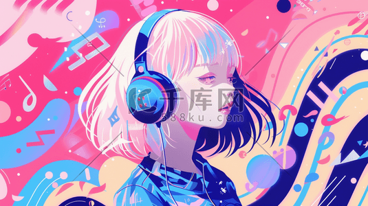 彩色的音乐插画图片_彩色时尚潮流女孩戴耳机的插画7