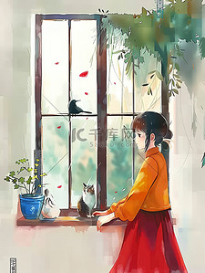 猫插图插画图片_女孩靠着窗户和猫插图