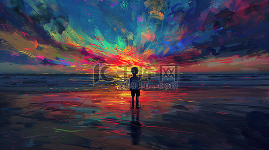 孤独插画图片_男孩站在海滩上梦幻孤独插画