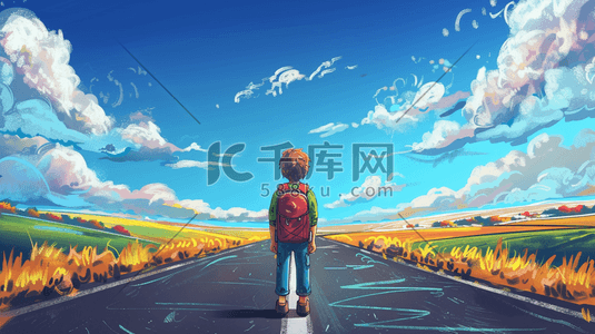 公路上的风景插画图片_蓝天下彩色手绘公路上男孩背影的插画12