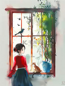 女孩靠着窗户和猫插画海报