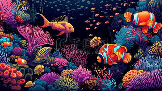 水族鱼缸插画图片_彩色水草观赏鱼鱼缸里游动的插画6