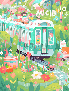 地铁插画图片_轨道上的地铁鲜花环绕插画图片