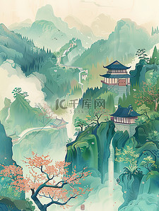 春天青山花朵中国风山水画插画图片