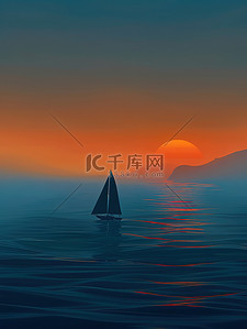 孤独剪影插画图片_海洋孤独的帆船的剪影插画