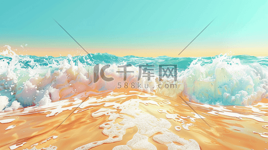 夏天沙滩蓝色插画图片_夏天蓝天大海沙滩海浪翻滚的插画9