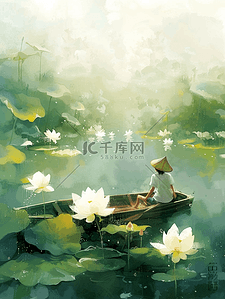 绿色简约风景河面上孩童乘船的背景1插画海报