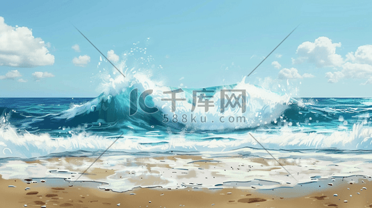 夏天蓝天大海沙滩海浪翻滚的插画3