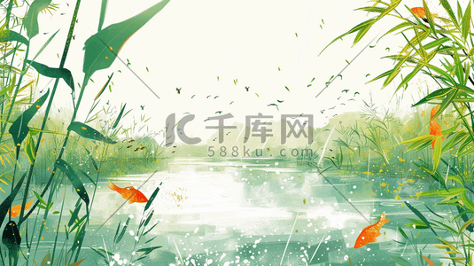 绿色海草插画图片_春天户外风景区河流树木的插画3