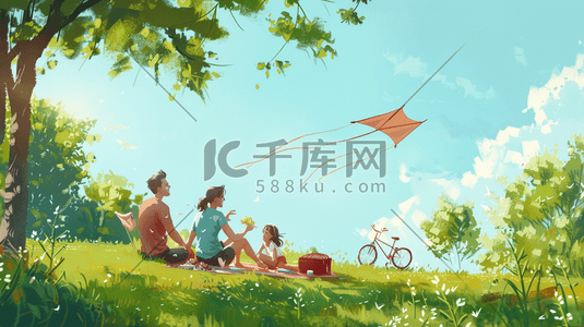 公园的春天插画图片_春天户外公园里一家人放风筝的插画1