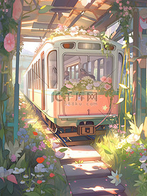 轨道上的地铁鲜花环绕图片