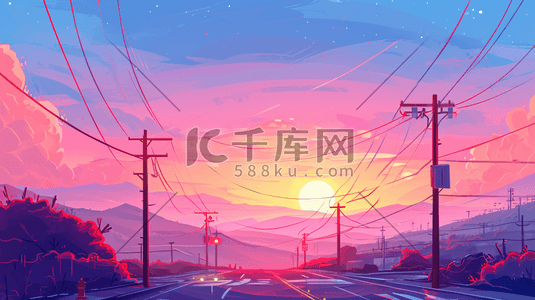 夜晚灯光插画图片_简约夕阳夜晚灯光街道道路的插画8