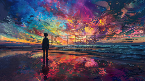 男孩站在海滩上梦幻孤独插图