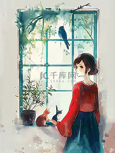 猫粮插图插画图片_女孩靠着窗户和猫插图
