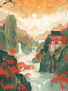 中国风山水画插画图片_春天青山花朵中国风山水画素材