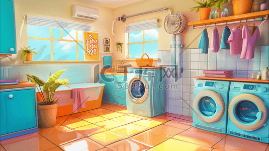在浴室的猫插画图片_室内简约浴室洗衣房的插画7