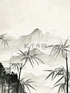 竹叶水墨画的山脉插画图片