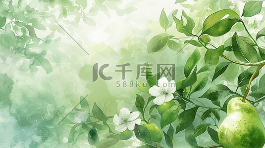 绿色简约清新艺术绘画梨子花朵的插画34