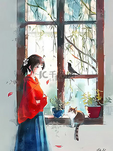 女孩靠着窗户和猫插画海报
