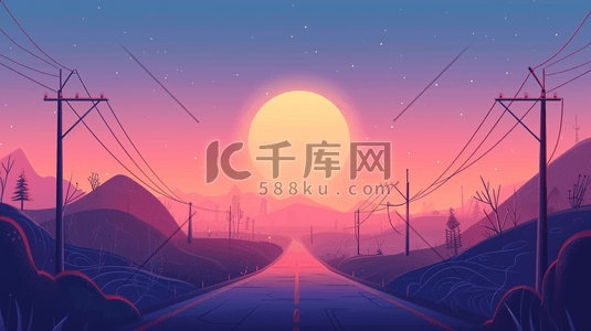 简约夕阳夜晚灯光街道道路的插画2