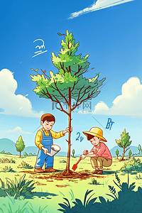 3月春天植树节卡通手绘插画22