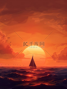 海洋孤独的帆船的剪影插图
