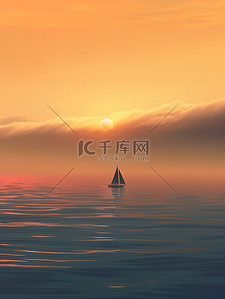 海洋孤独的帆船的剪影插画设计