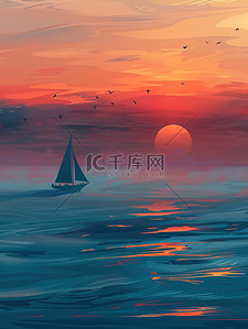 孤独剪影插画图片_海洋孤独的帆船的剪影插画海报