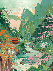 春天青山花朵中国风山水画插画设计