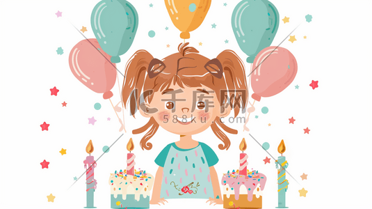 彩色手绘女孩生日气球蛋糕的插画3