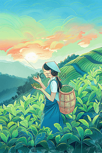 春茶上市节插画图片_手绘采茶茶园海报女孩农忙素材