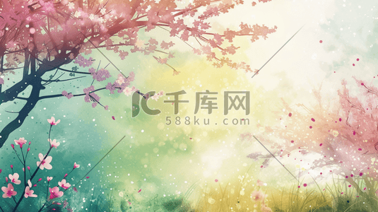 春天户外唯美粉色树木景区景色的插画10