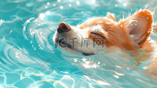 蓝色水纹里可爱狗狗的游泳的插画8