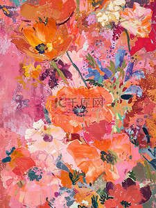 浅橙色和品红色春天花朵油画素材