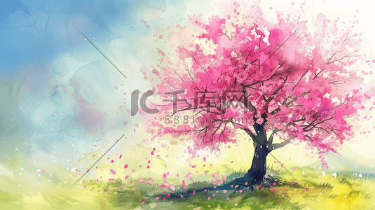 粉色简约风格插画图片_春天户外唯美粉色树木景区景色的插画12