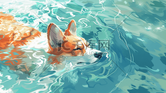 蓝色水纹里可爱狗狗的游泳的插画3