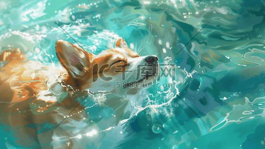 蓝色水纹里可爱狗狗的游泳的插画7