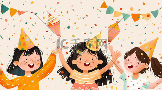 生日展架插画图片_手绘卡通女孩们生日聚会气球的插画10