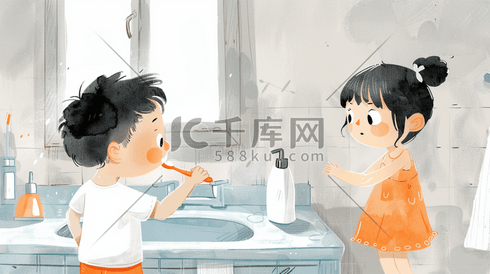 水彩绘画男女孩一起洗漱刷牙的插画2