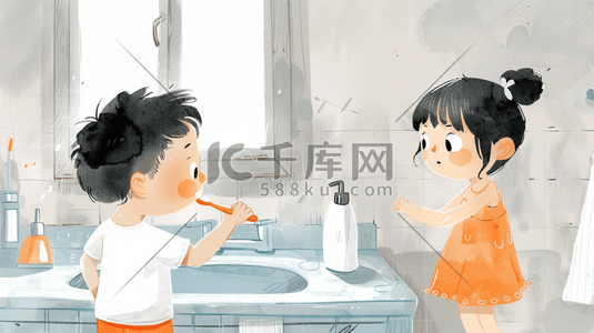 洗漱品图标插画图片_水彩绘画男女孩一起洗漱刷牙的插画2